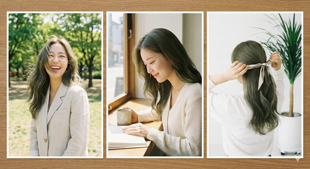 青棕色髮色融合棕暖與青冷調，層次豐富、免漂護髮，自然修飾偏黃膚色，低調百搭又顯白減齡。