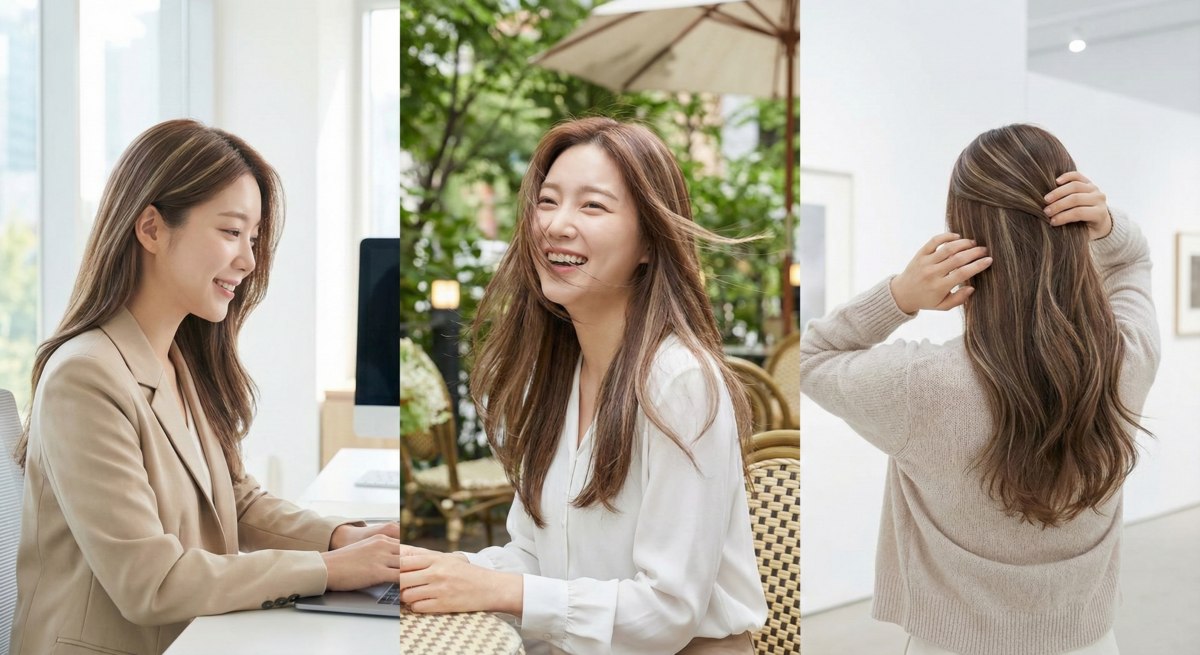 摩卡拿鐵線條染融合摩卡棕與奶霧色，線條染手法自然散落，低調優雅、顯氣質、不挑膚色，職場女生首選。