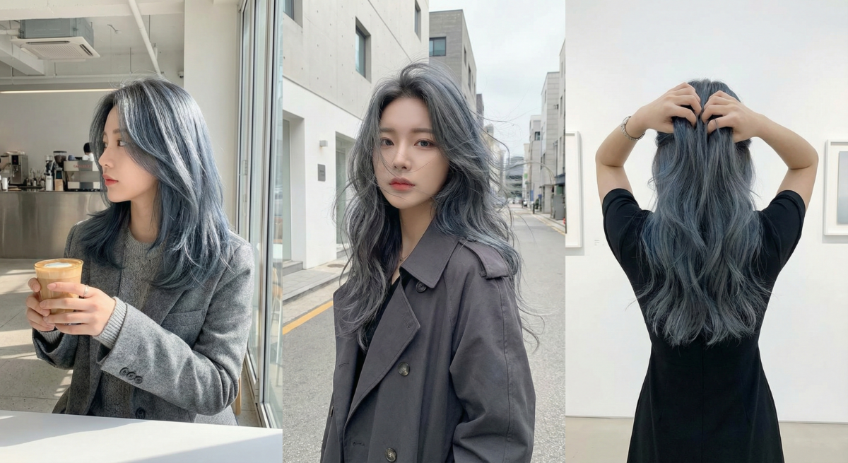 灰調格雷系手刷染融合藍灰與石墨灰，霧感自然過渡，手刷煙燻層次打造神秘混血感，顯白去黃、提升高級感。