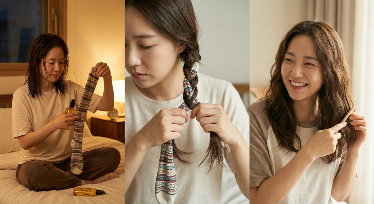 用舊長襪就能在睡覺時簡單DIY,自然形成柔和波浪捲,零成本又不傷髮質。