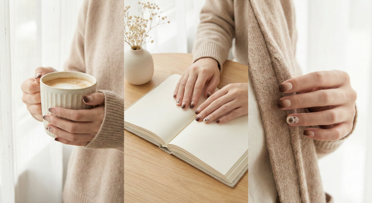 暹羅貓漸層美甲以奶油色漸變深咖啡模仿貓咪毛色,溫暖療癒且軟萌可愛,是搭配針織毛衣的趣味造型首選。