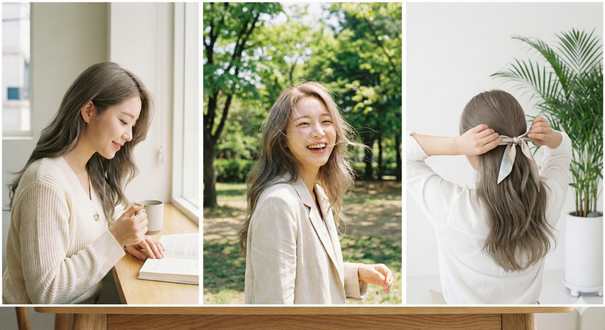 青棕色髮色融合棕暖與青冷調，層次豐富、免漂護髮，自然修飾偏黃膚色，低調百搭又顯白減齡。