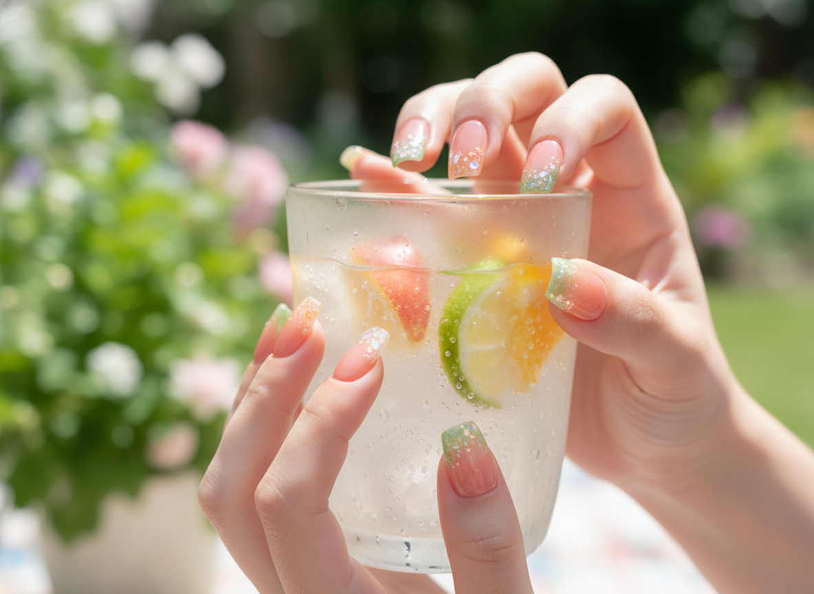 這款美甲的亮點是「晶亮果皮感」，清爽甜美，非常適合春夏日常約會、郊遊或海邊度假，讓指尖充滿青春活力。