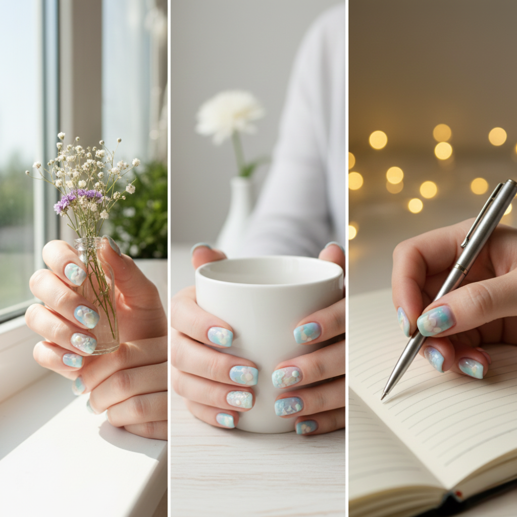 夢幻雲朵Gel甲以粉藍與象牙白暈染出蓬鬆雲感，清新療癒又顯白，點綴彩虹或立體浮雕更添層次與夏日氣息。