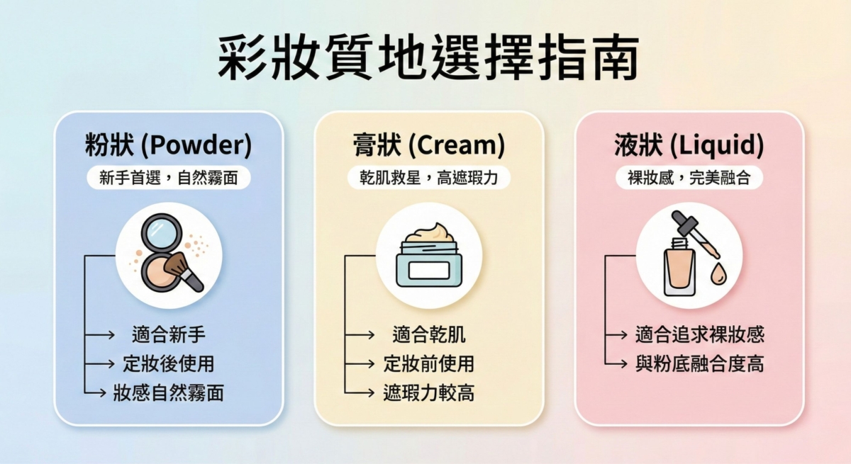 一張關於彩妝質地的挑選指南,比較了粉狀 、膏狀 與液狀三種產品的適用膚質與妝效差異。