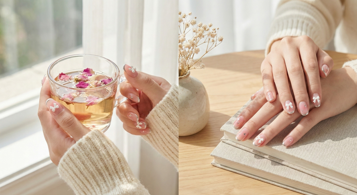 粉調腮紅法式指甲以清透暈染搭配細緻銀邊與精緻點綴,風格可鹽可甜,完美演繹典雅仙氣的高級感。