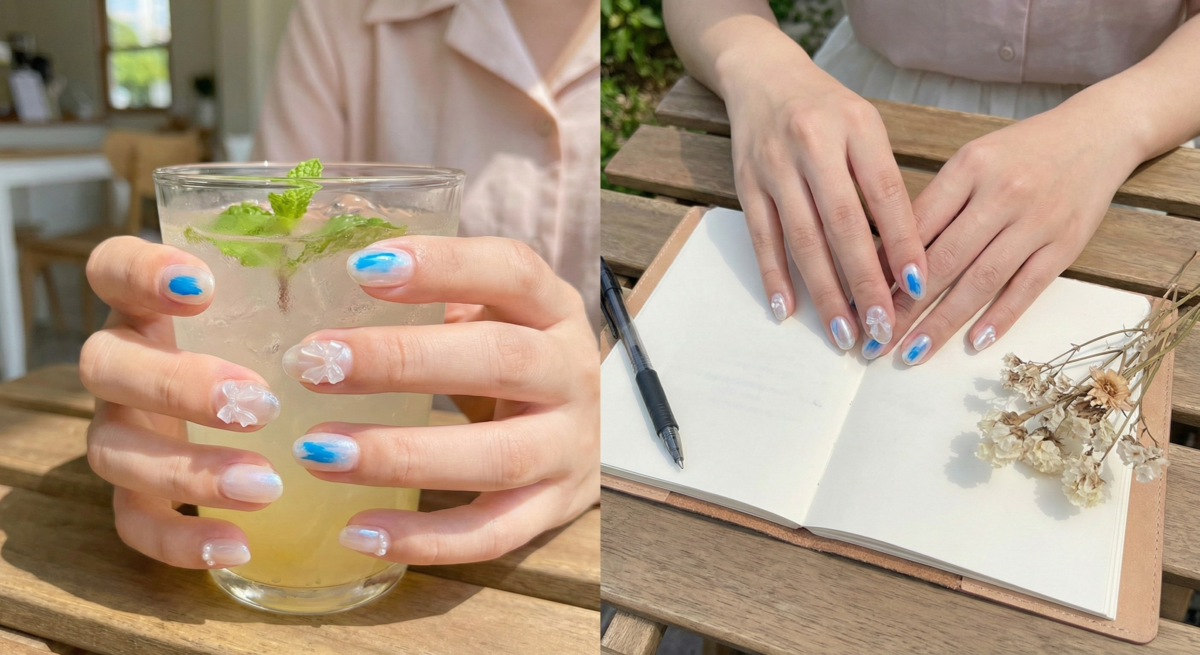 「藍色珠光特調」透明感美甲以透明珠光底色搭配亮藍隨興筆觸，並點綴珍珠或蝴蝶結，展現深邃、清新且兼具個性與優雅的風格。