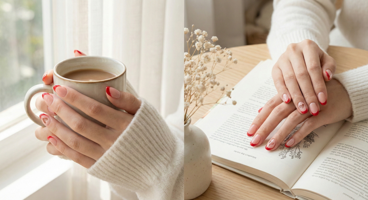 情人節心形法式指甲以裸色底搭配紅色甲邊與心形細節,完美融合高貴典雅與活潑趣味,打造浪漫修長且吸睛的甜蜜指尖。