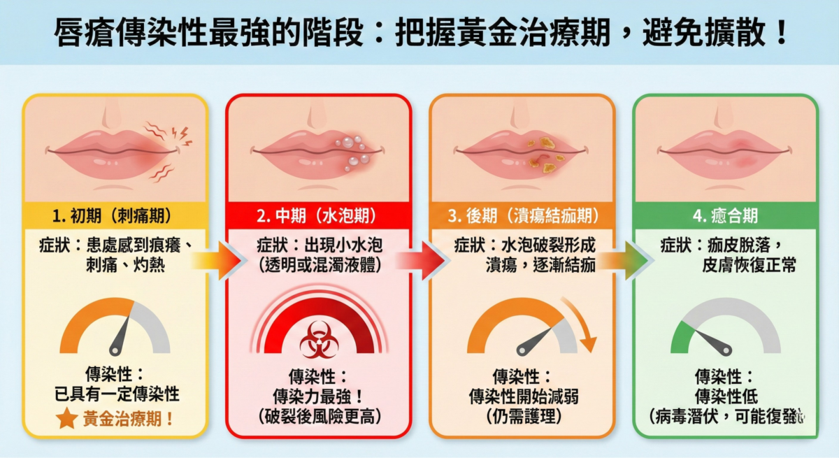 唇瘡在刺痛期已有傳染性,水泡期傳染力最強,結痂期逐漸減弱,癒合期傳染性低但病毒仍可能潛伏復發。