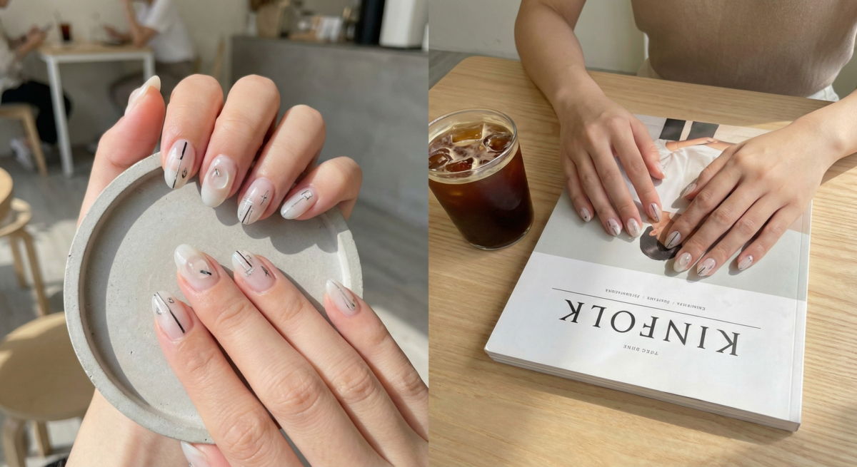 「率性極簡玻璃」透明感美甲，將透色底色結合玻璃碎石光澤與簡約線條，風格率性百搭，晶透亮眼並有效提升氣質。