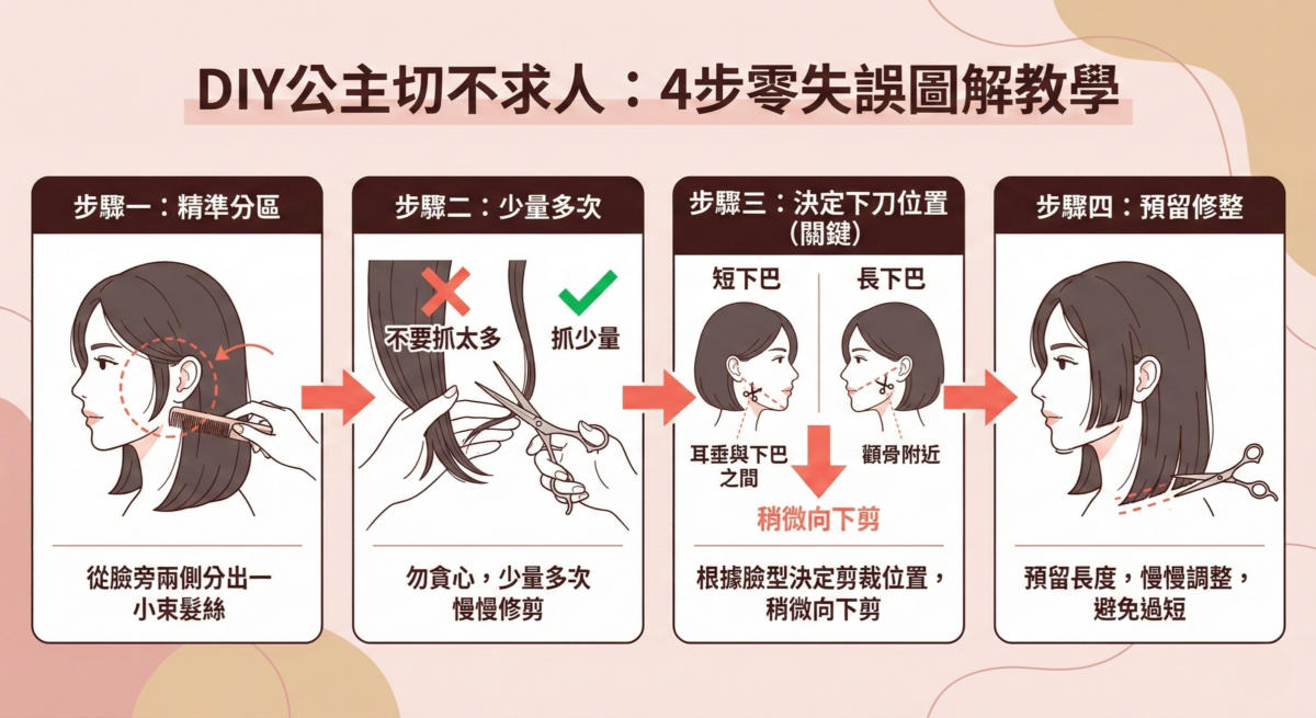 DIY公主切髮型4步驟圖解教學資訊圖表：精準分區髮絲；少量多次修剪；根據長短下巴示意圖決定下刀位置並向下剪；預留長度進行最後修整，幫助大家在家安全剪出公主切。