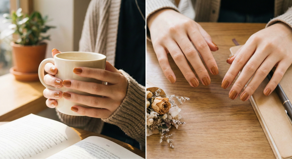 焦糖棕短方形美甲以俐落甲型搭配飽滿色澤，兼具實用與時尚，完美展現現代女性的自信幹練氣質。