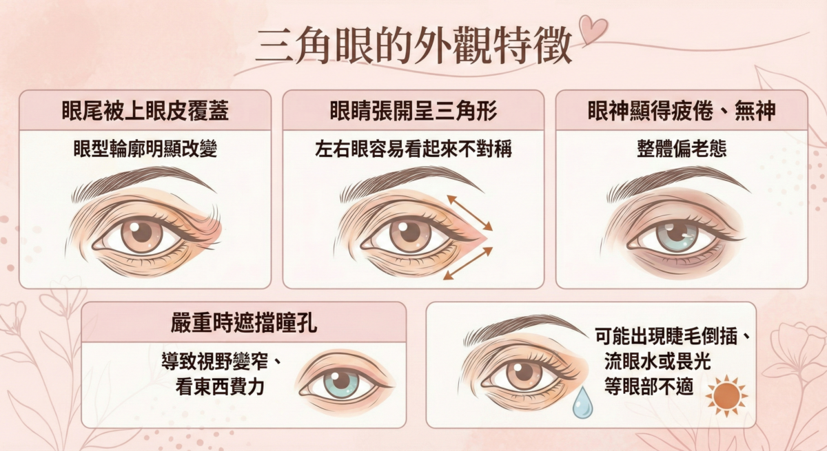 三角眼的外觀特徵示意圖，展示了常見的三角眼外觀與不適特徵。