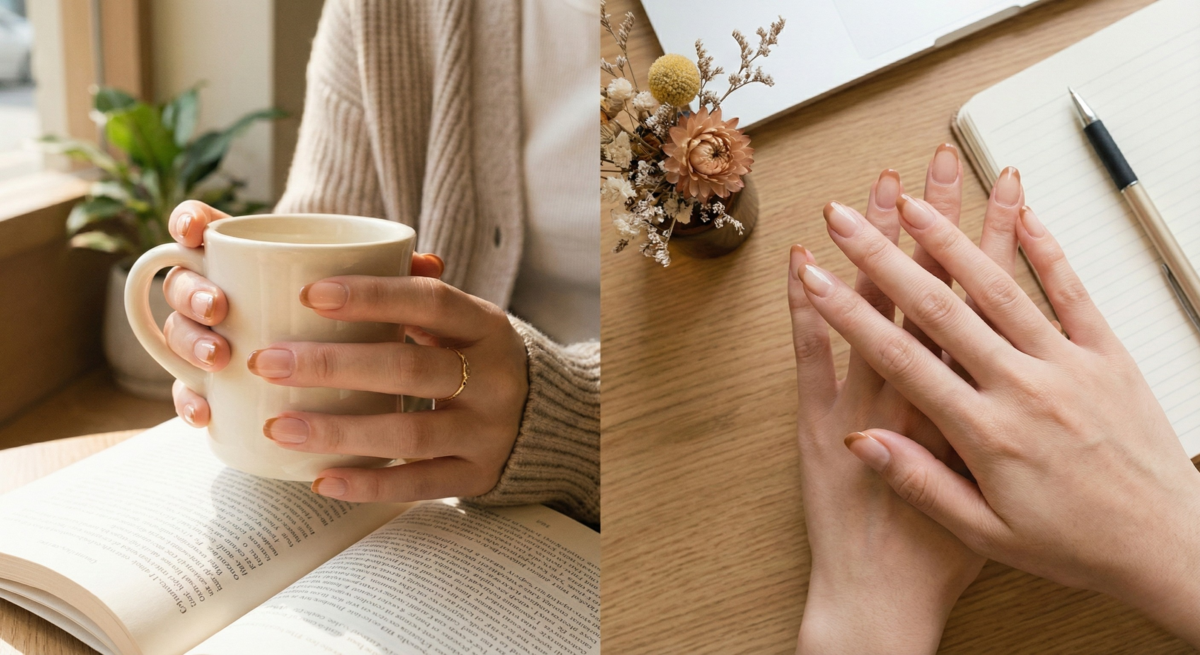 焦糖棕極細法式以裸透底色襯托指尖暖棕細線，打造低調知性、修長俐落且適合日常通勤的清爽優雅感。