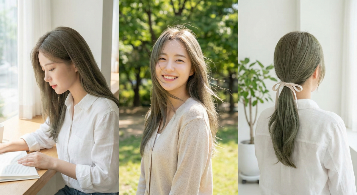 亞麻青棕以棕色基底融合亞麻霧感與青灰調，低彩度帶透明感，自帶顯白與降溫效果，清爽舒適、夏日或冷淡風首選。