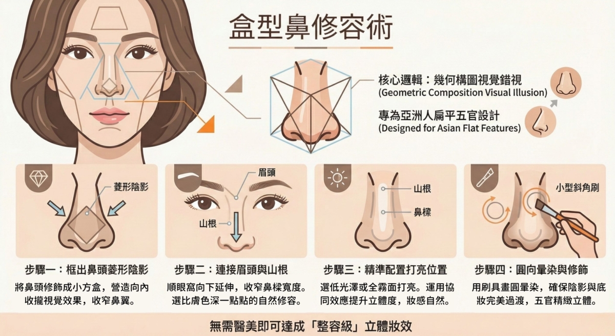 盒型鼻修容術教學圖:介紹專為亞洲人設計的幾何構圖修容法,透過四個步驟達成「整容級」的立體鼻型妝效。