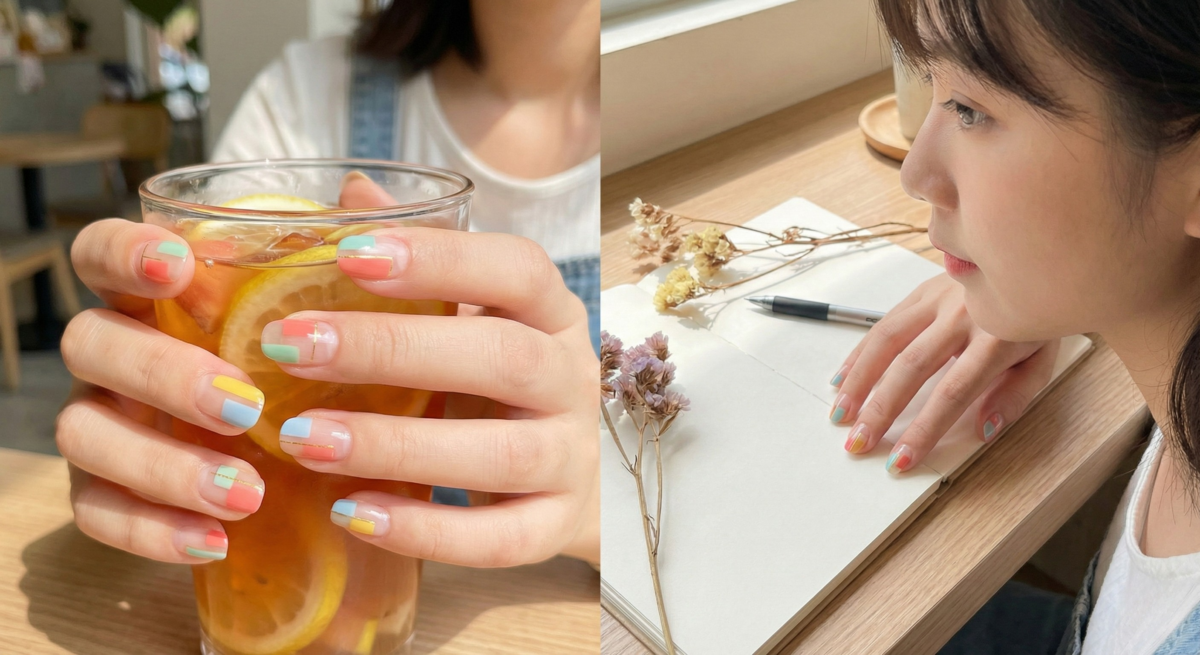 「活力幾何透明」透明感美甲結合透明底色與俏皮幾何色塊，風格活潑亮眼，兼具減齡與時尚感，短長甲皆適合。