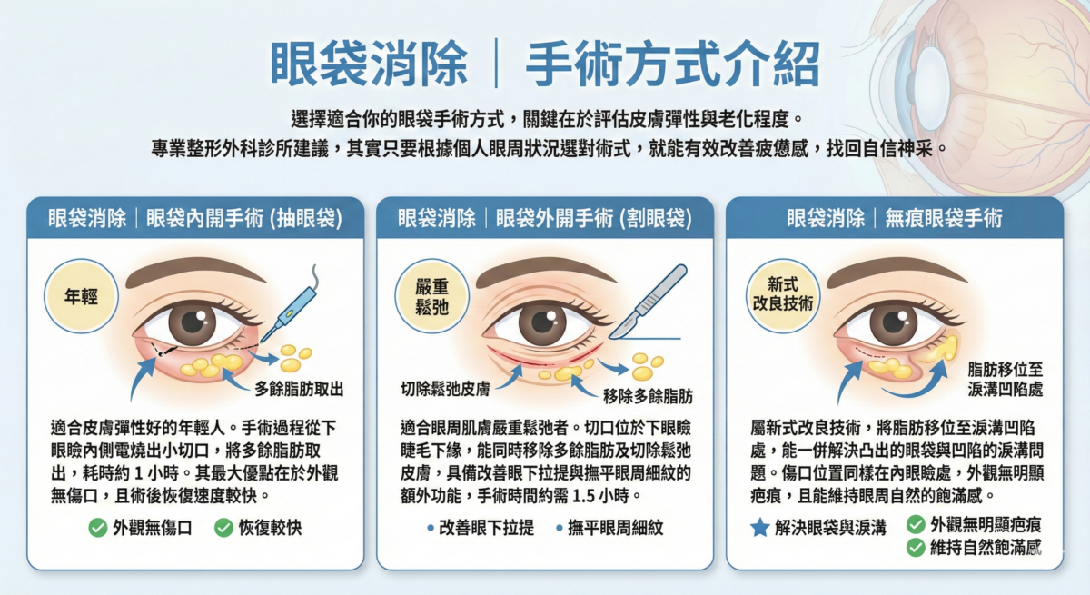 這是一張關於眼袋消除手術方式介紹的資訊圖表，比較了「眼袋內開手術」、「眼袋外開手術」以及「無痕眼袋手術」三種方式的適用對象、手術過程與優點。