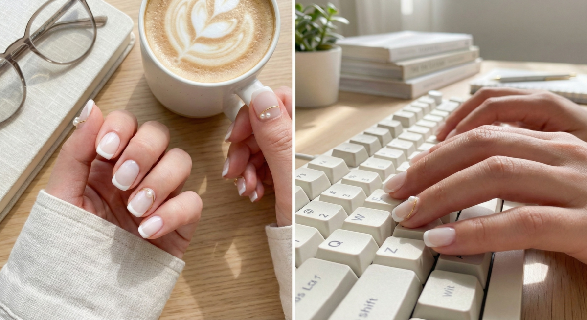 「冰透感法式」改良經典造型，運用透潤底色與不飽和白邊營造輕盈空氣感，視覺清爽自然，展現現代法式的精緻美學。