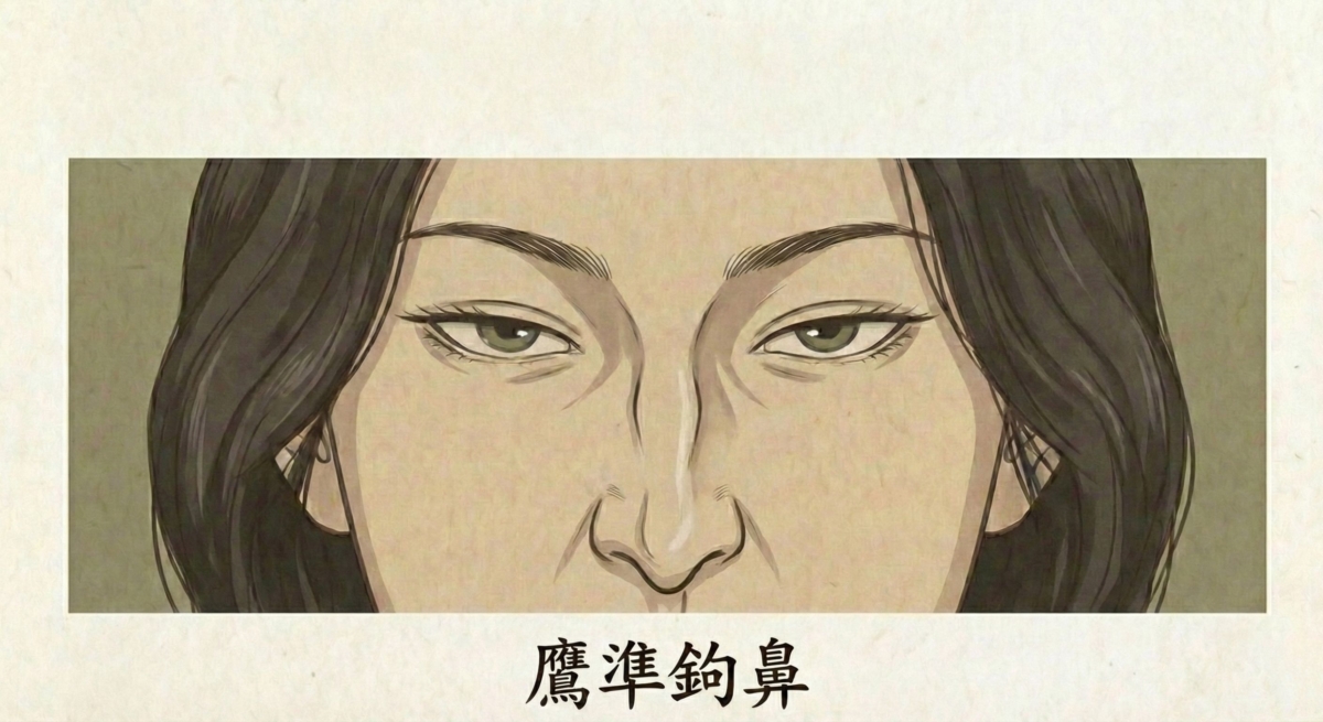 鷹鈎鼻表現為鼻尖銳利且向下垂勾，猶如獵鷹，象徵其強烈的掠奪性與對權力的執著。