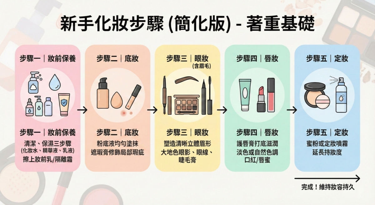 一張專為新手設計的 5 步驟化妝教學圖表,強調基礎重點:從「妝前保養」打底,接著是均勻膚色的「底妝」,簡單自然的「眼妝與眉毛」,提升氣色的「唇妝」,最後以「定妝」步驟確保妝容持久。