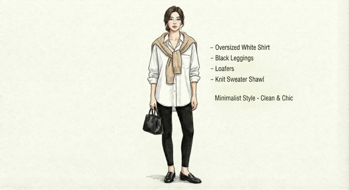 一張時尚插畫,展示了一位女性身穿「簡約風格」的穿搭。她穿著一件寬鬆的白襯衫,肩上隨性地披著一件米色針織毛衣作為披肩。下身搭配黑色緊身褲(Leggings)與經典樂福鞋,手提黑色手提包。圖片文字標註風格為「乾淨且時尚」(Clean & Chic)。