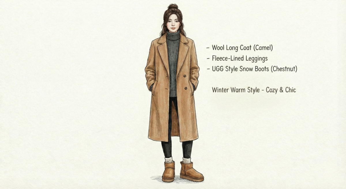 一張時尚插畫,展示了一位女性身穿「冬日保暖風格」的穿搭。她身穿一件駝色羊毛長大衣,內搭深色高領毛衣,下身穿著內刷毛緊身褲與栗色 UGG 風格雪地靴。圖片文字描述此風格為「舒適且時尚」(Cozy & Chic)。