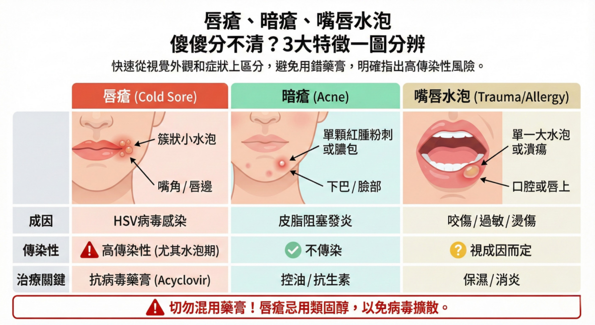 唇瘡、暗瘡與嘴唇水泡比較圖表:顯示外觀特徵示意圖、成因分析、傳染性高低以及對應的治療藥膏建議,幫助快速分辨單純疱疹病毒感染與普通青春痘。