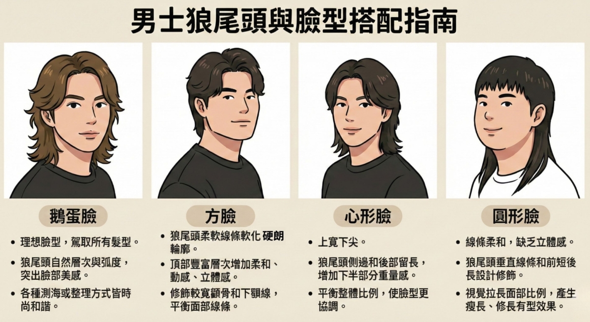 一張關於「日系微濕髮狼尾頭」的 4 步驟造型指南,涵蓋了從準備髮油/慕斯、均勻塗抹、手抓創造紋理到使用烘罩吹乾的完整整理流程。