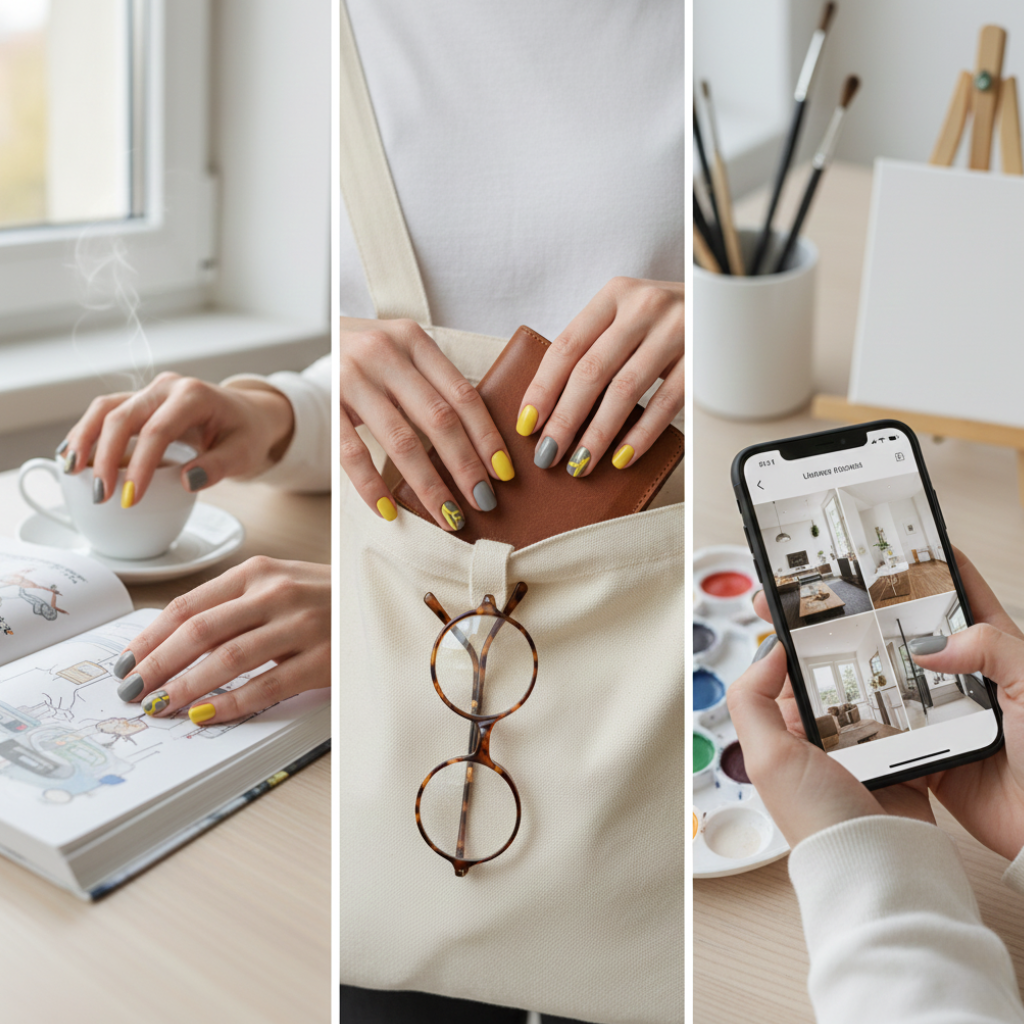 極致灰與亮麗黃撞色Gel甲，低調中帶活力，指尖時尚又溫暖。