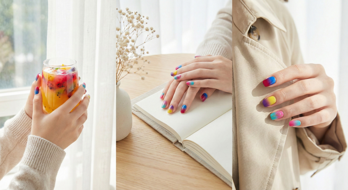 個性跳色漸層美甲以強烈對比色暈染打造視覺衝擊,結合幾何圖案與金屬元素,是適合街頭潮牌穿搭的搶眼個性款。