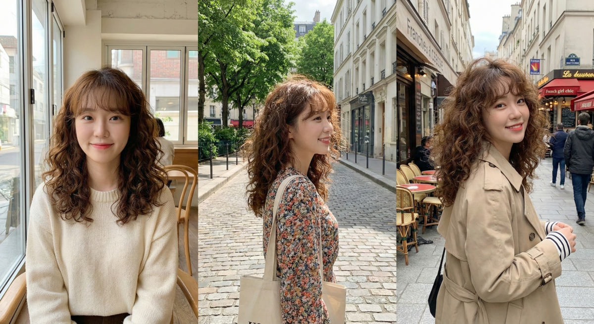 木馬捲中長髮配法式瀏海，蓬鬆螺旋捲增加髮量，甜美又帶街頭隨性感。