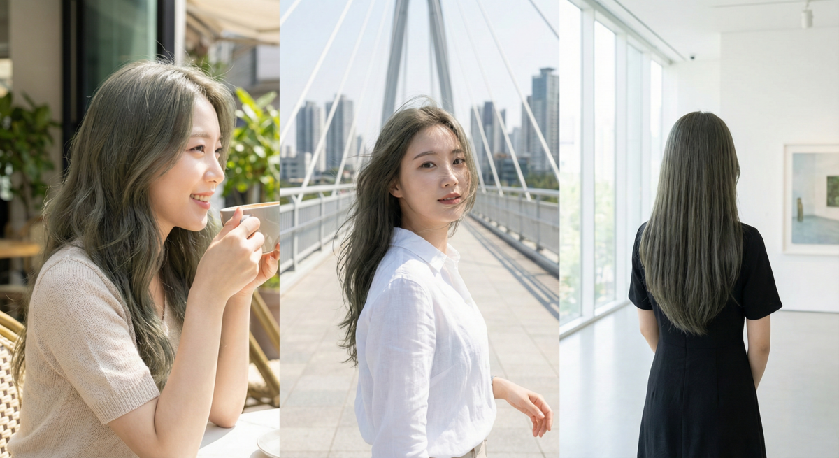 橄欖霧灰髮色低調高級，中和泛紅膚色、營造混血感，髮絲輕盈又氣質滿分。