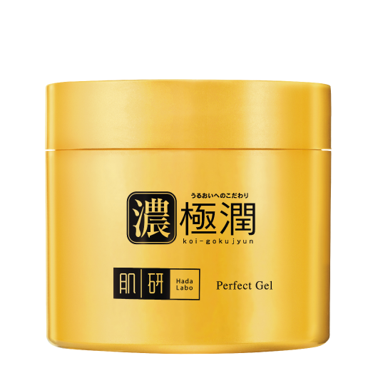 Hada Labo肌研極潤Perfect Gel五效合一保濕凝露添加5種透明質酸、神經醯胺相關成分及角鯊烷，幫助補水鎖水，適合乾肌及缺水肌使用。
