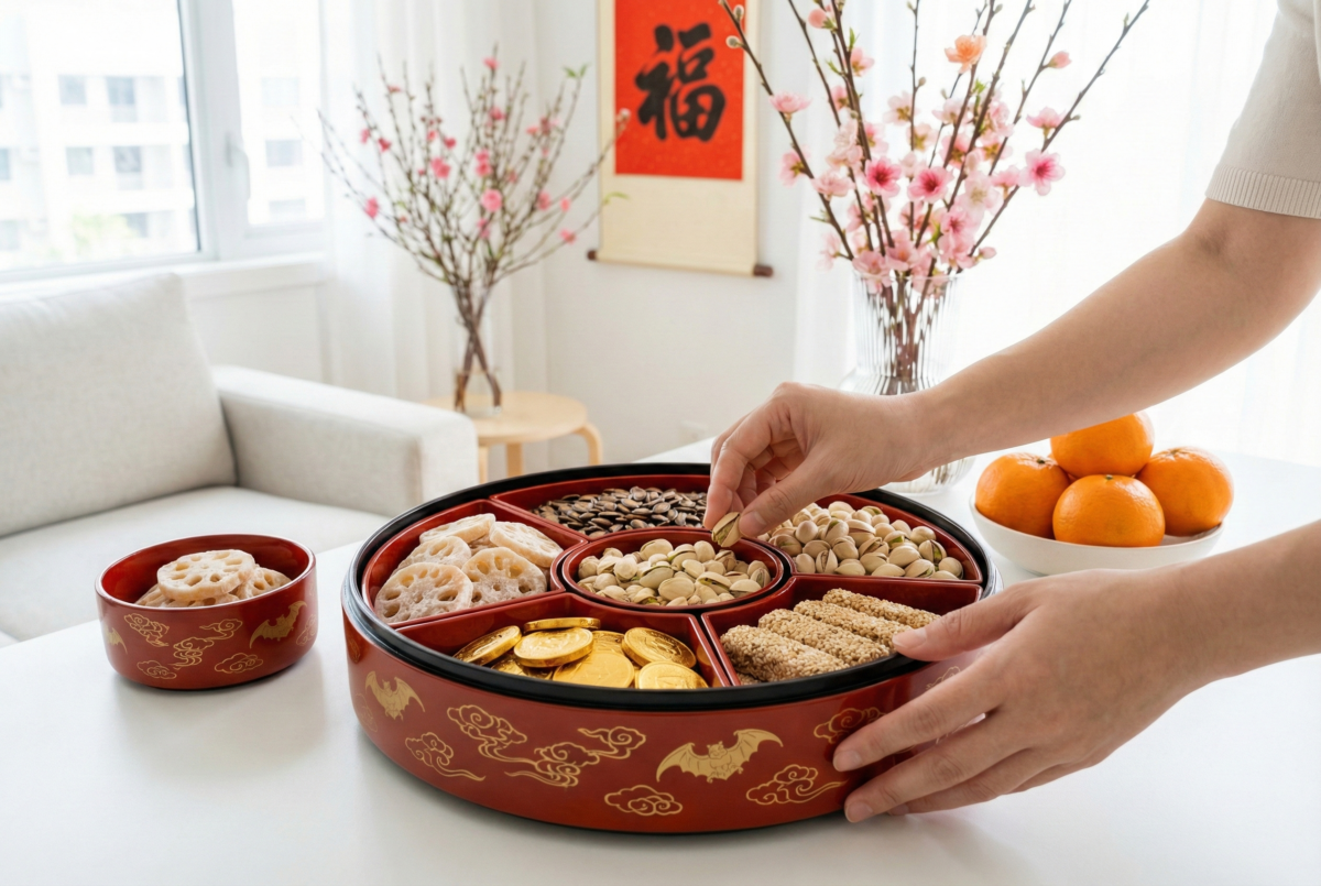 全盒宜選圓、方或八角形，搭配紅、金、黃等喜慶色，象徵團圓吉利與招財避邪，應避免三角形。