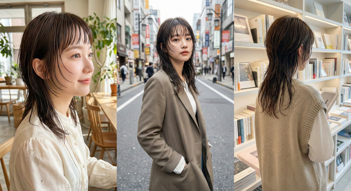 復古日系濕髮狼尾頭以濕感線條與高層次設計打造俐落精緻的都市時尚氛圍。