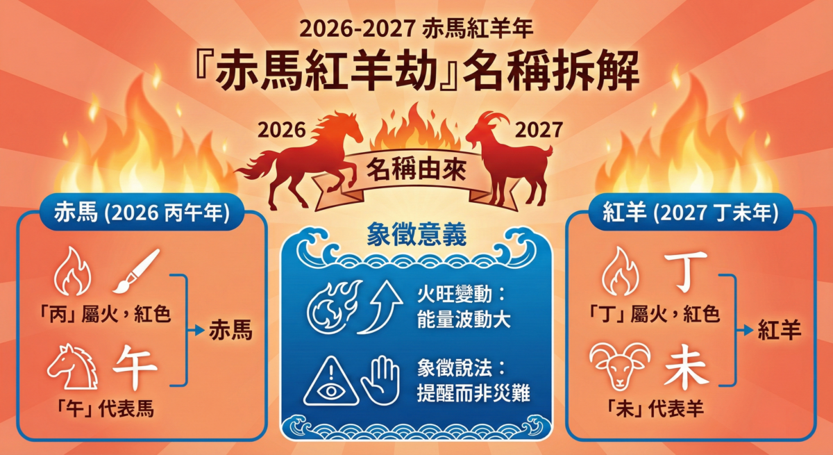 赤馬紅羊劫名稱拆解圖,說明2026 丙午年(赤馬)與 2027 丁未年(紅羊)的天干五行屬火、對應紅色與生肖馬羊的換算邏輯。