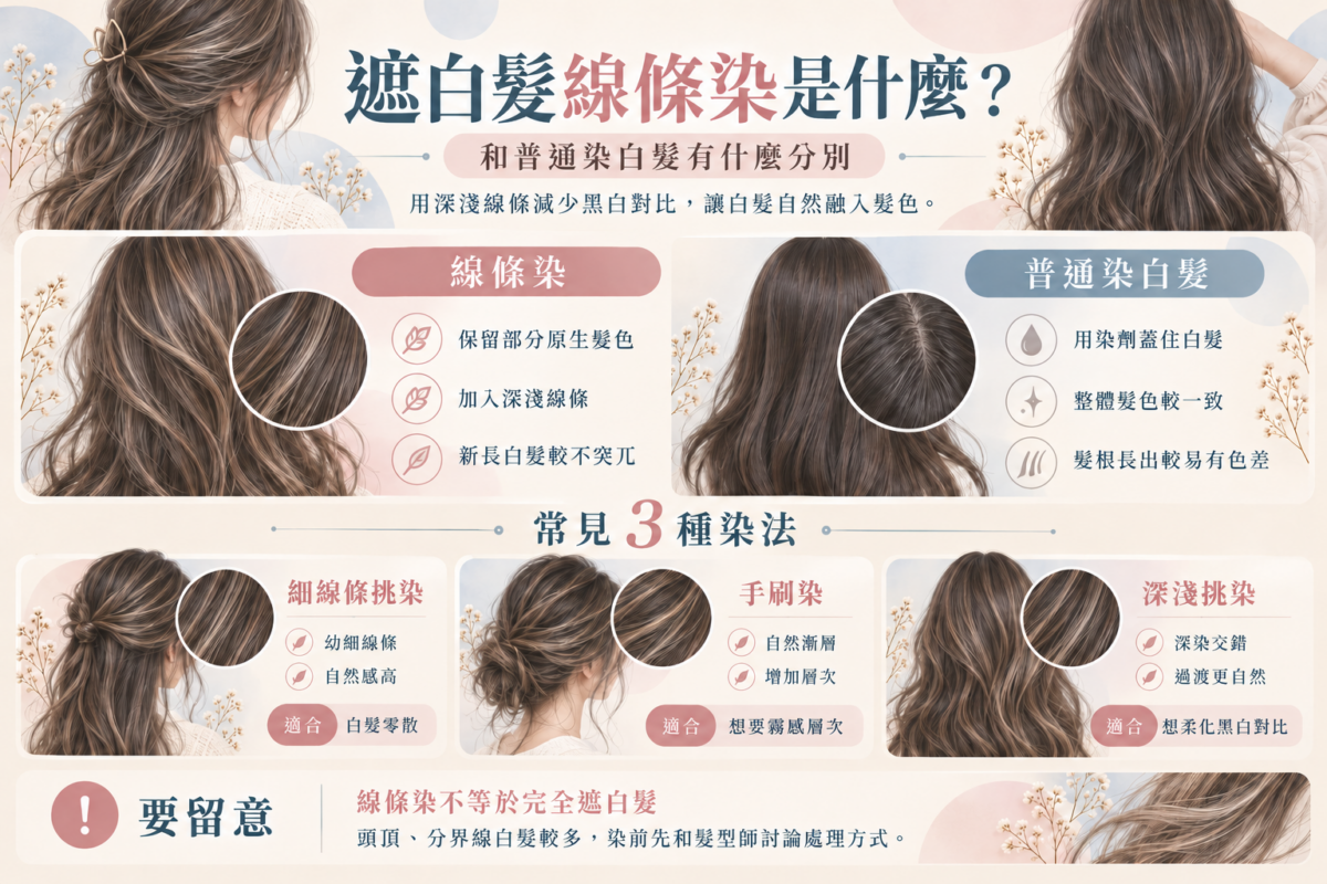 遮白髮線條染圖解,比較線條染與普通染白髮的分別,並介紹細線條挑染、手刷染及深淺挑染3種常見染法。