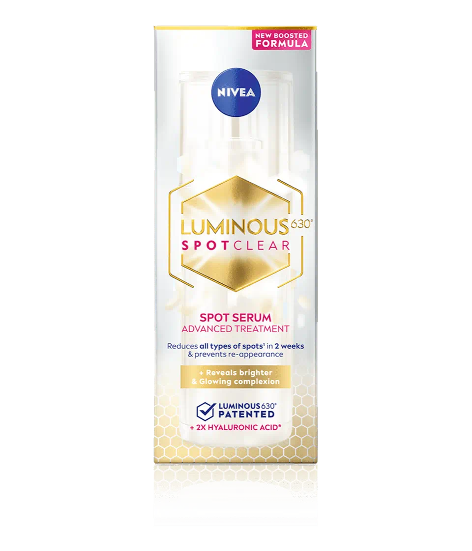 NIVEA LUMINOUS 630® 精華以專利肽安密多630®抑制黑色素生成，搭配維他命C與透明質酸，淡斑保濕，質地清爽日夜皆宜。