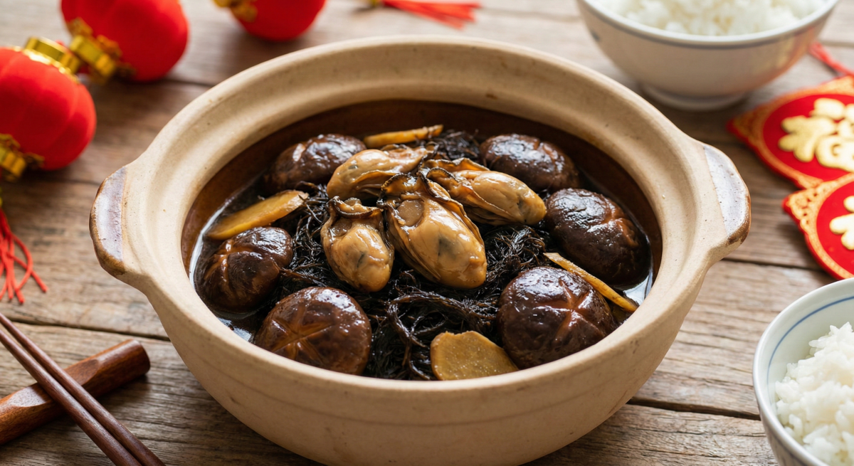 這道是廣東人團年飯的「靈魂」。「髮菜蠔豉」代表「發財好市」!