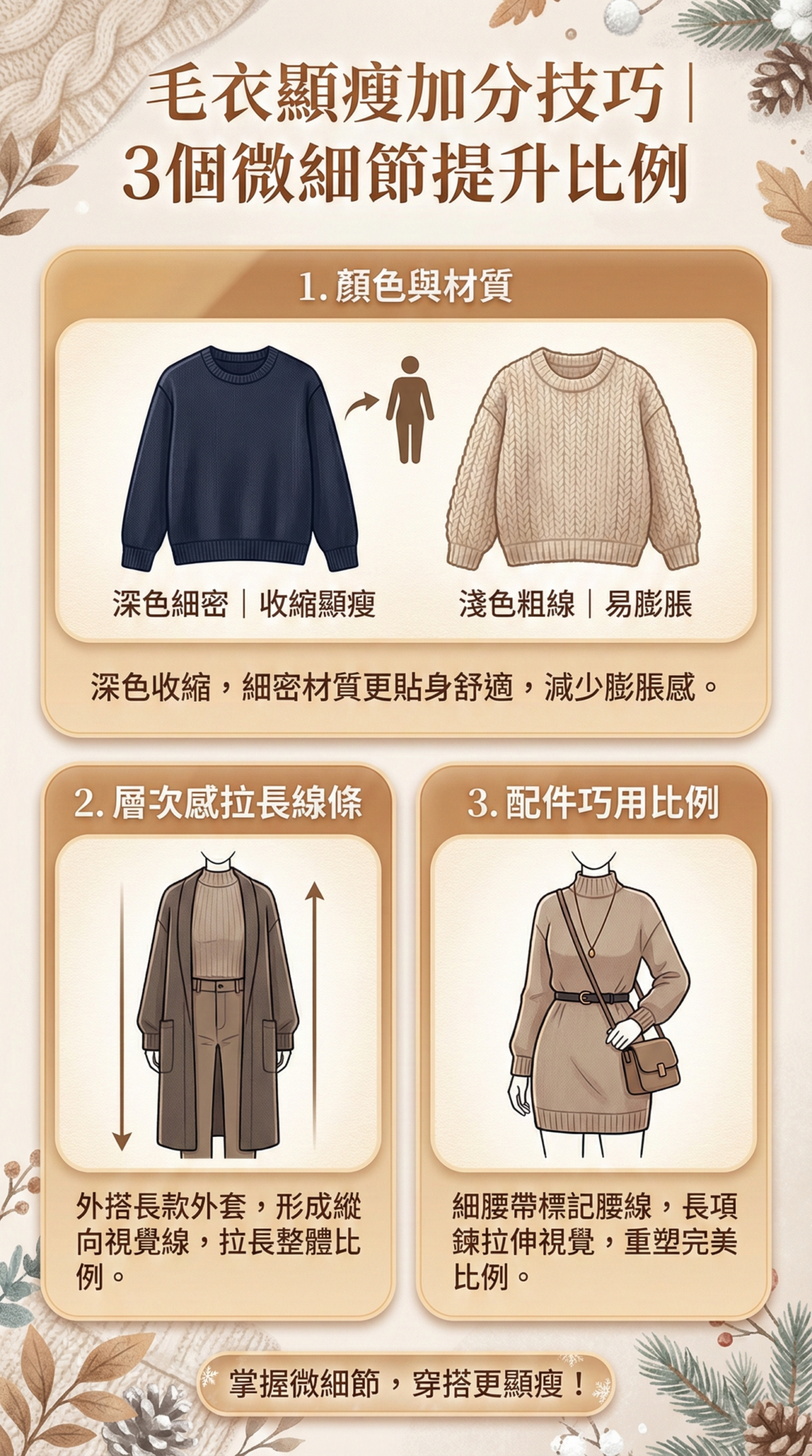 秋冬毛衣顯瘦細節教學圖：對比深淺色收縮效果、細密針織與粗針織差異，並示範如何利用長版大衣創造縱向線條，以及使用細腰帶與長項鍊重塑身型比例的技巧。