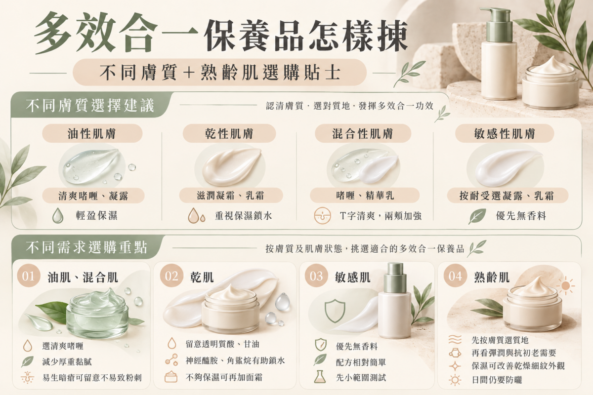 多效合一保養品選購圖解，比較油性、乾性、混合性及敏感性肌膚適合的護膚質地，並整理熟齡肌保濕、抗初老及選購貼士。