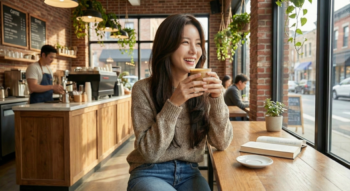 這款髮型將標誌性的層次感與八字瀏海完美結合，透過精準的中分比例，讓視覺中心沿著鼻樑向下延伸，這種線條流暢的垂直結構，能極大化地修飾臉型寬度，讓五官顯得更加立體精緻。