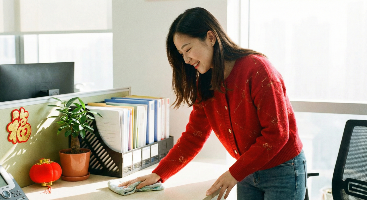 開工前用碌柚葉清水擦拭桌面、抽屜和辦公區，可掃除舊氣、迎接新開始，讓工作環境煥然一新。