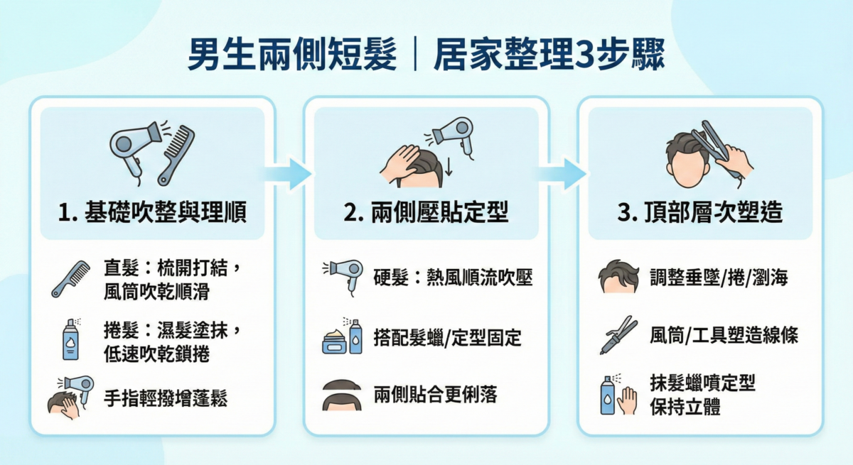 男生短髮整理教學圖：居家整理三步驟包含基礎吹整理順、使用熱風壓貼兩側硬髮，以及利用髮蠟打造頂部層次感的專業技巧。
