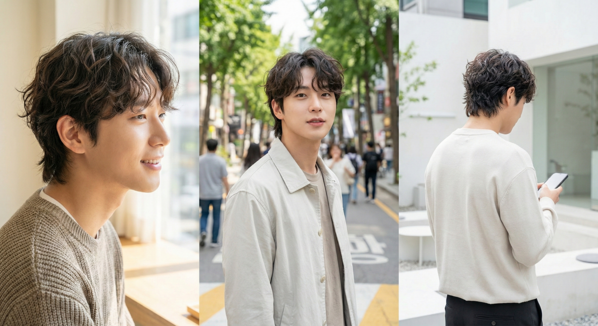 男生電髮紋理狼尾頭透過捲度增加蓬鬆感，修飾長臉與菱形臉，打造隨性慵懶又有型的髮型。