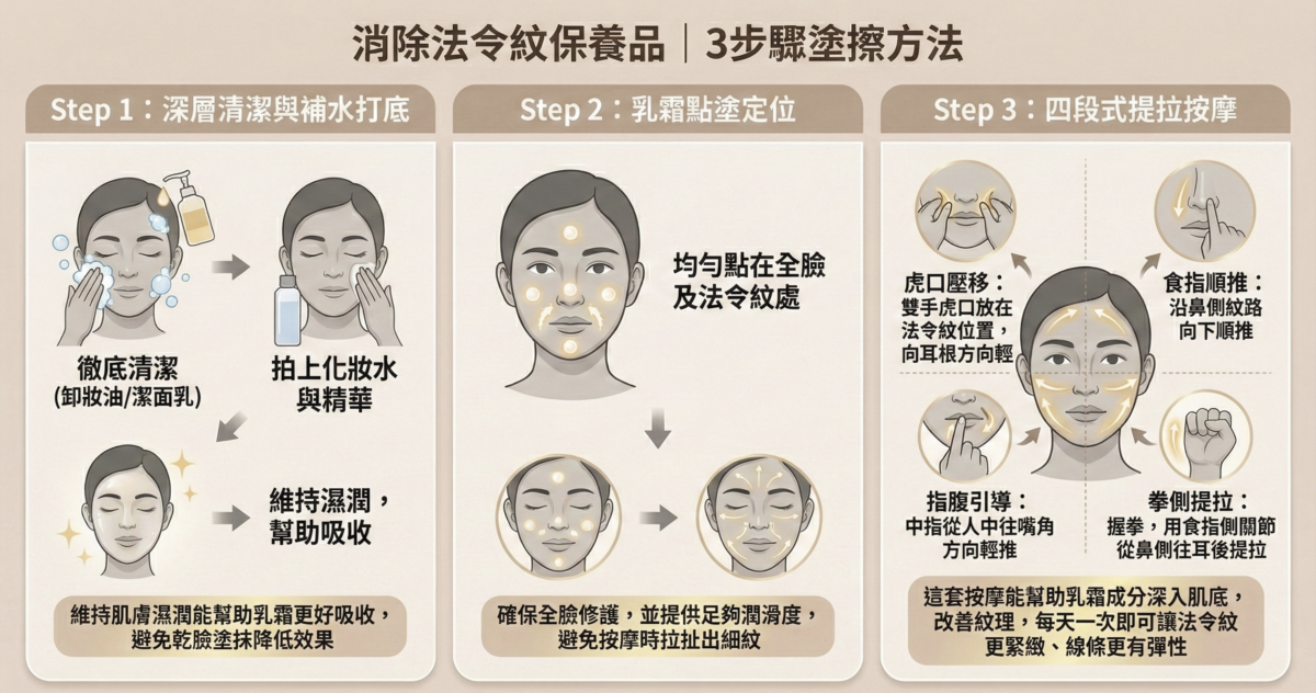 消除法令紋的四段式按摩教學圖：包含虎口壓移、食指順推、指腹引導、拳側提拉四個動作的步驟示意與操作方向指南。