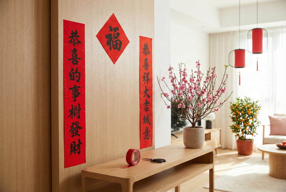 大門口的「福」與「財」字應正貼以迎福納財，「滿」字可貼在米桶或雪櫃象徵豐收，切勿貼在廁所或垃圾桶。