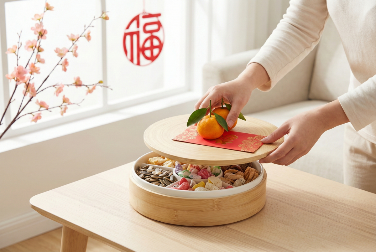 全盒應將利是置於上層，用帶葉柑桔壓住，象徵平安、家族興旺與吉祥如意。