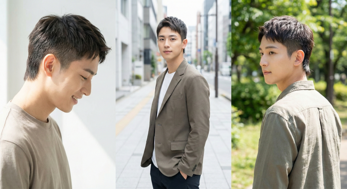 男生俐落短髮狼尾頭以短側邊銜接自然髮尾，打造低調有型又修飾臉型的小臉效果。